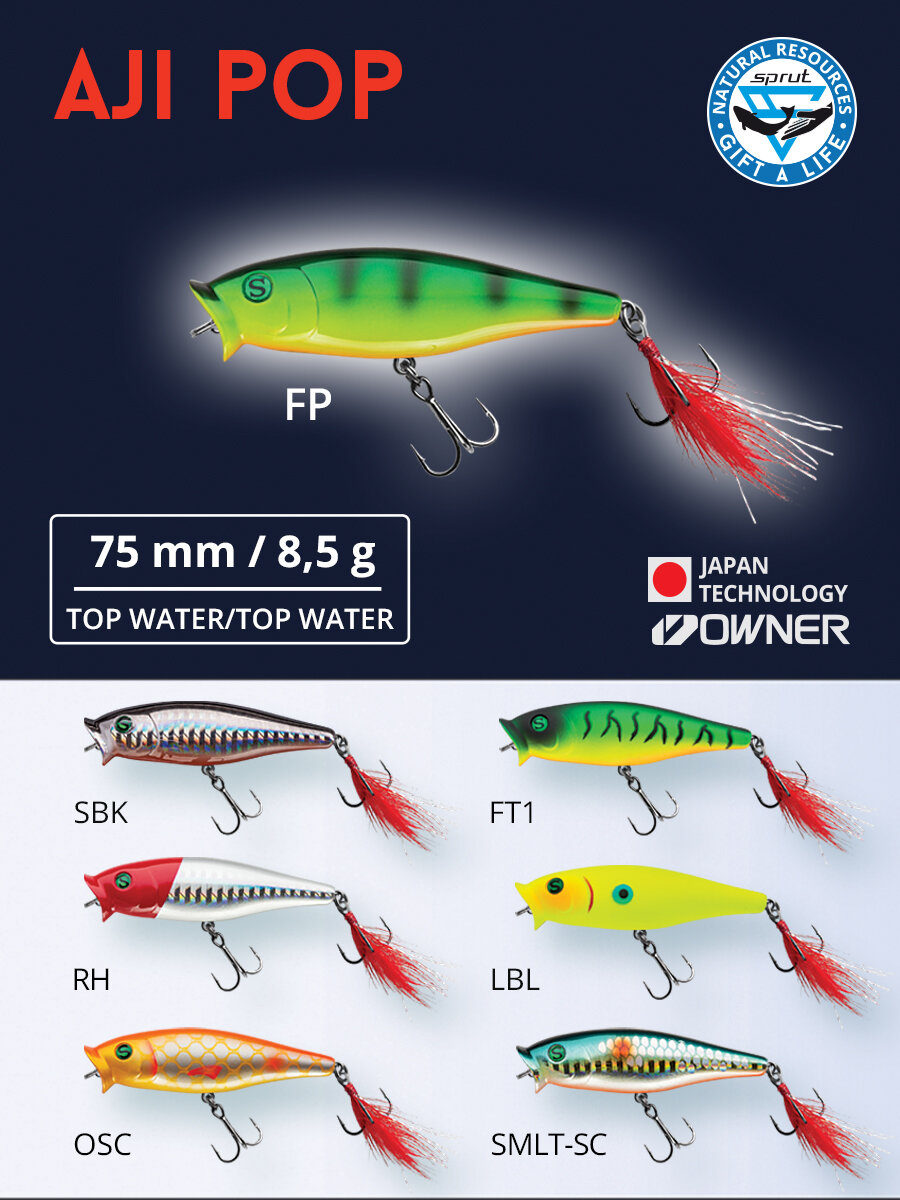 Воблер Sprut Aji Pop Top Water/75mm/8,5g/Top Water/RH — фото 1