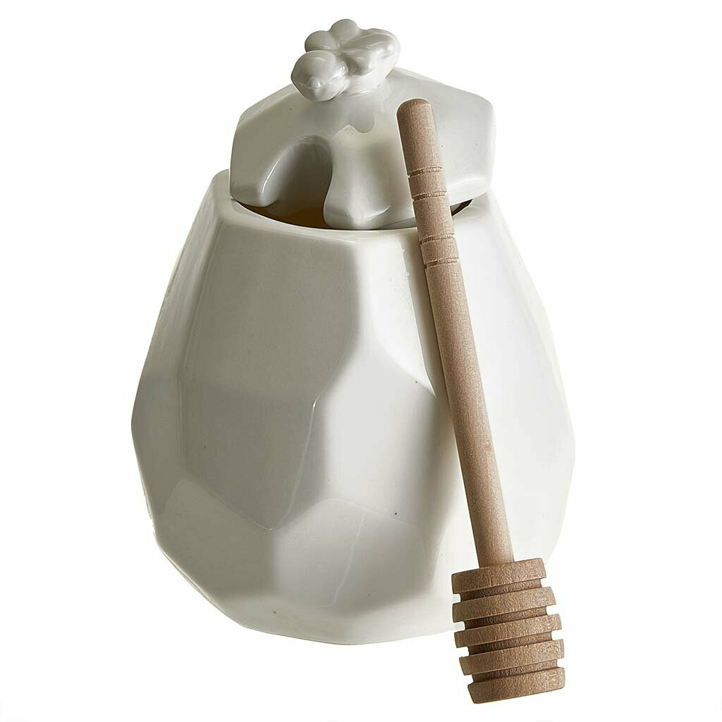 Банка для меда 550 мл фарфоровая с фарфоровой фигурной крышкой и бамбуковой ложкой Alpenkok AK5-0021