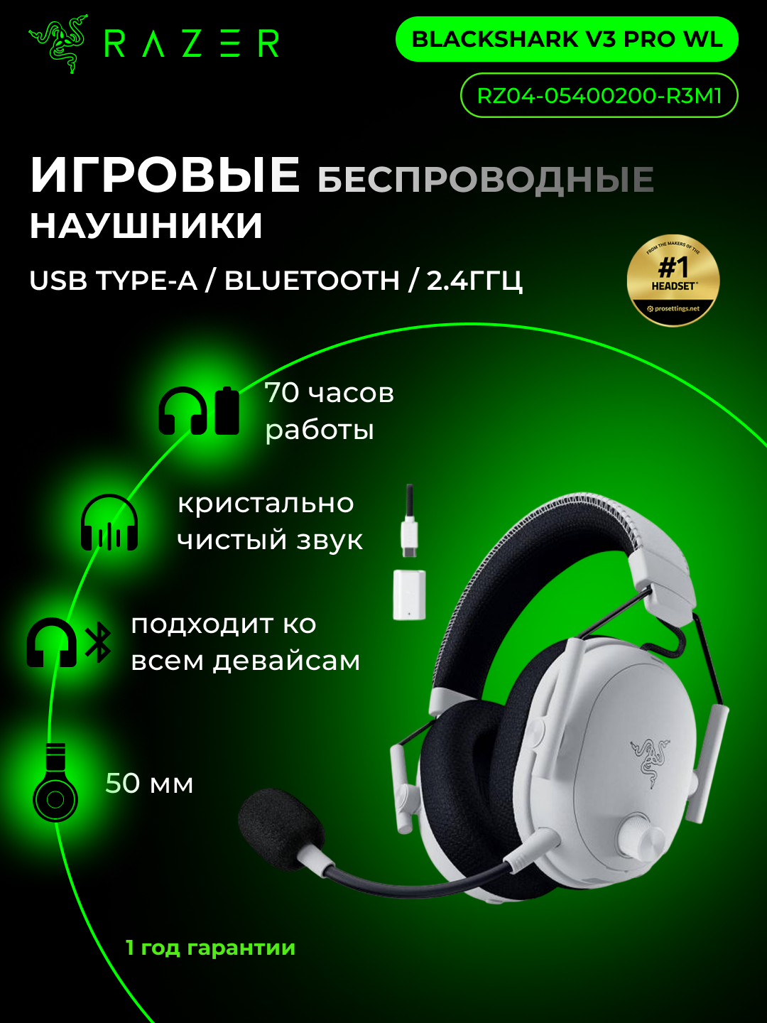 Игровая гарнитура Razer BlackShark V3 Pro, с ANC, беспроводная, 70 ч работы, белый, RZ04-05400200-R3M1