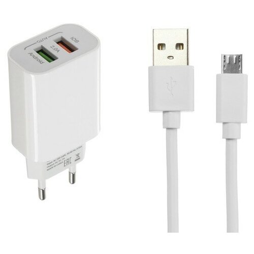 Сетевое зарядное устройство LuazON LCC-96, 2 USB, 2 A, кабель microUSB, белое