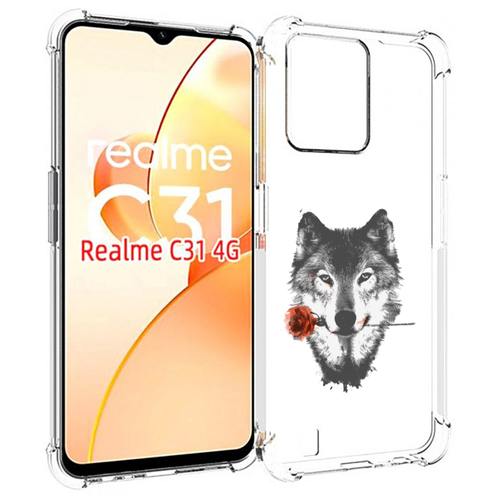 Чехол MyPads волк с розой для OPPO Realme C31 задняя-панель-накладка-бампер