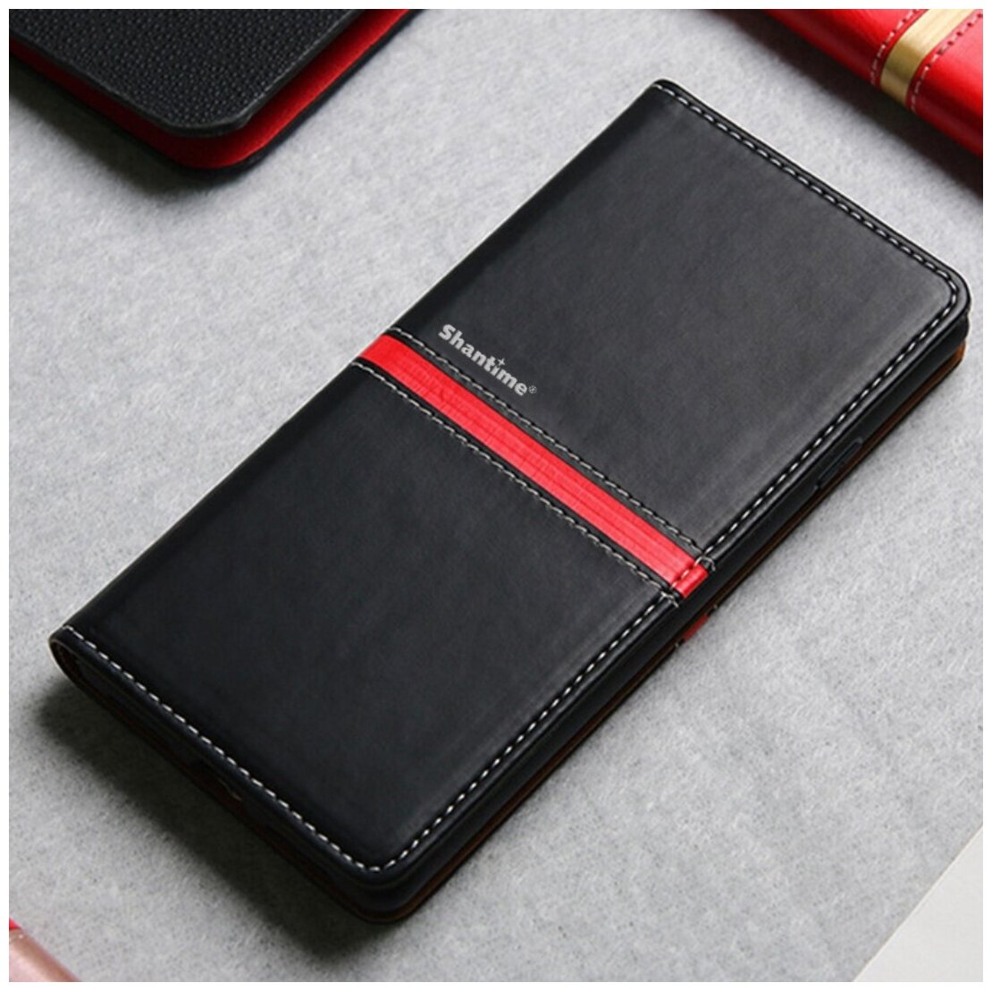 Чехол-книжка MyPads Una Fitto для Huawei P10 Plus из эко-кожи черный с красной полосой