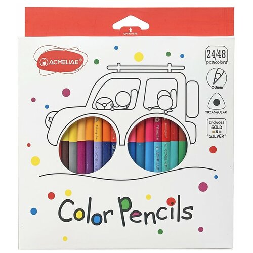 фото Цветные карандаши двухцветные трехгранные для рисования acmeliae color pencils, 48 цветов