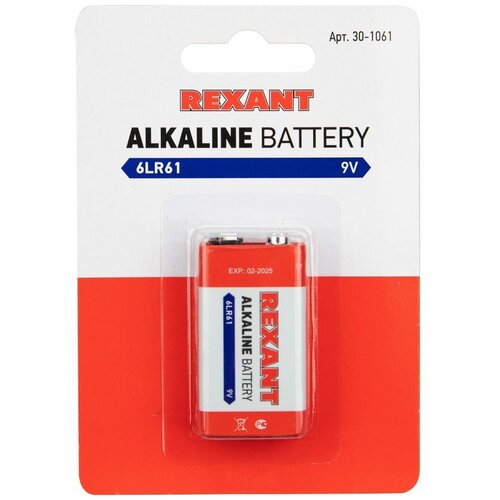 Батарейка крона - Rexant 6LR61 9V 600 mAh 30-1061 (1 штука) батарейка алкалиновая rexant крона 9v упаковка 1 шт 30 1061 rexant арт 30 1061
