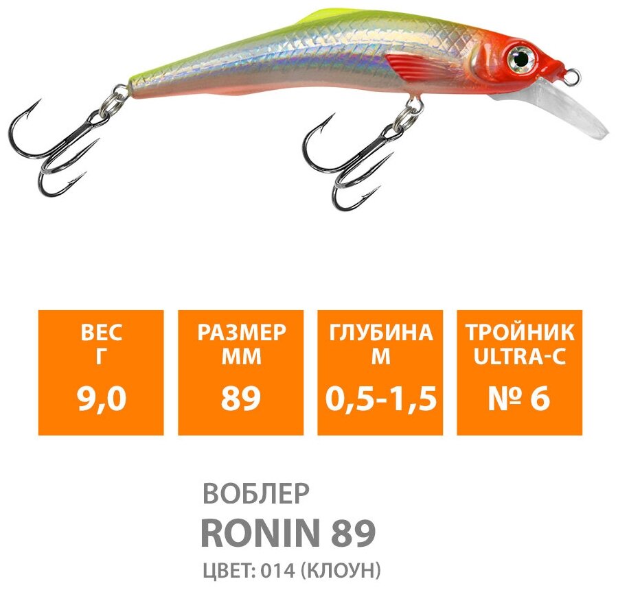 Воблер для рыбалки плавающий AQUA Ronin 89mm 9g заглубление от 0,5 до 1.5m. цвет 014