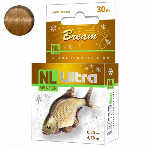 Леска зимняя для рыбалки AQUA NL ULTRA BREAM (Лещ) 30m 0,20mm, цвет - светло-коричневый, test - 4,70kg ( 1 штука )