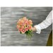 Букет живых цветов из 13 зелено-розовых роз с лентой 40см