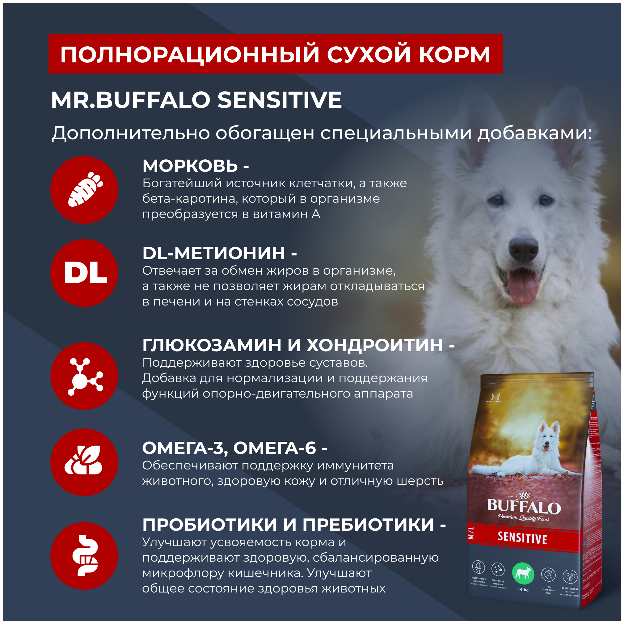 Sensitive для средних и крупных пород, ягненок сух. 2кг Mr.Buffalo - фото №3