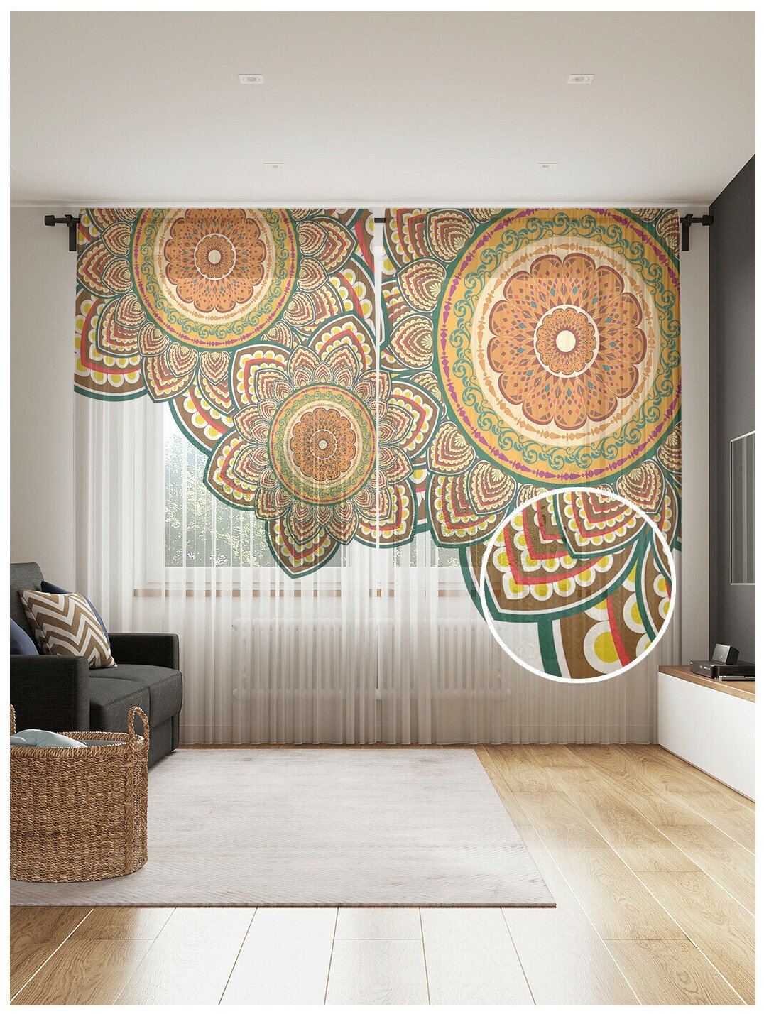 Тюль для кухни и спальни JoyArty "Геометрия цветов", 2 полотна со шторной лентой шириной по 145 см, высота 265 см.