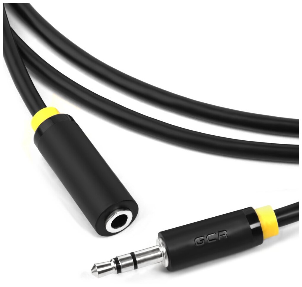 GCR Удлинитель аудио 2.0m jack 3,5mm/jack 3,5mm черный, желтая окантовка, ультрагибкий, M/F, Premium, экран, стерео