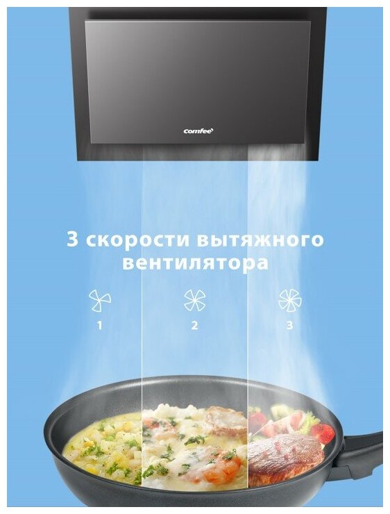 Вытяжка кухонная наклонная 50 см Comfee CHA600B, металл, 3 скорости, отвод и рециркуляция, алюминиевый фильтр, LED подсветка - фотография № 7