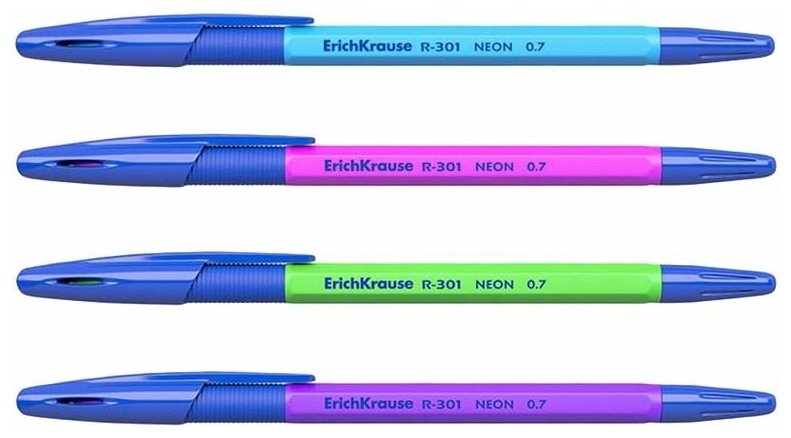 Ручка шариковая Erich Krause R-301 Neon 0.7 Stick&Grip в наборе из 4 штук пакет - фото №7