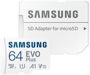 Карта памяти Samsung EVO Plus 64GB micro SDXC UHS-I класс 10 U1 FHD A1 V10 + SD Адаптер
