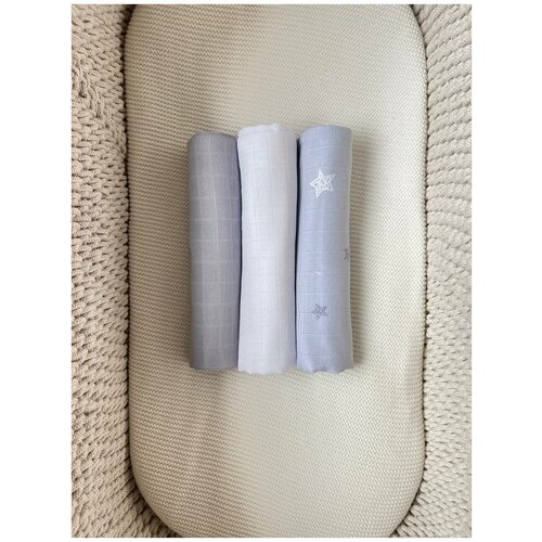 Мягкие муслиновые пеленки для малышей bpkids 80х100 см, хлопок, 3 шт - серый/белый/звезды