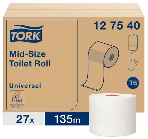 Бумага туалетная д/дисп Tork Mid-size Т6 Universal 1сл бел135м 27рул 127540
