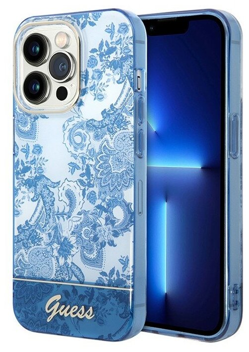 Guess Чехол Guess Toile de Jouy w Electroplated camera Hard для iPhone 14 Pro, голубой