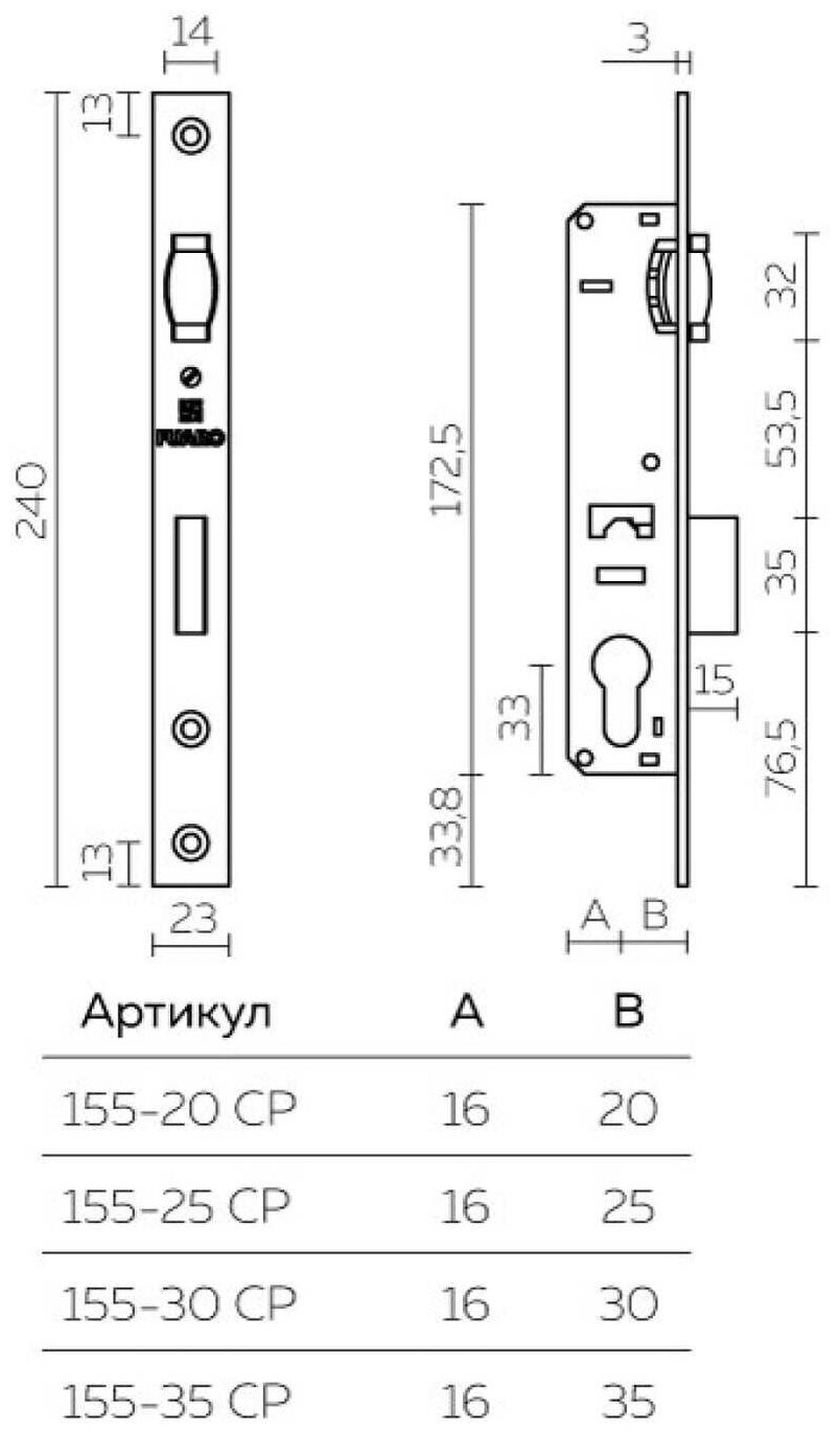 Корпус узкопрофильного замка с роликовой защелкой Fuaro PROF155-25 (155-25) CP хром