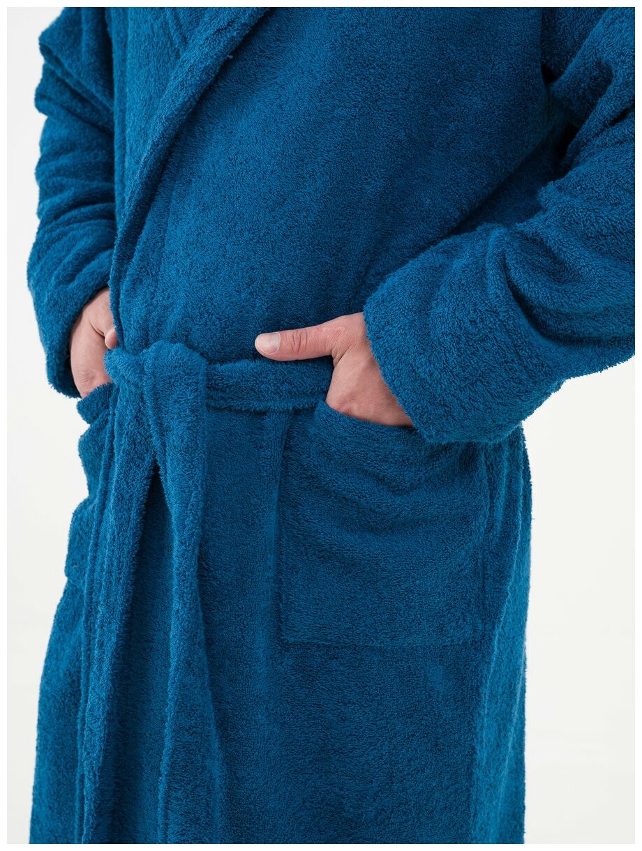 Халат махровый мужской BIO-TEXTILES 64-66 синий домашний хлопок с запахом банный больших размеров с воротником длинный в подарок для дома бассейна - фотография № 9