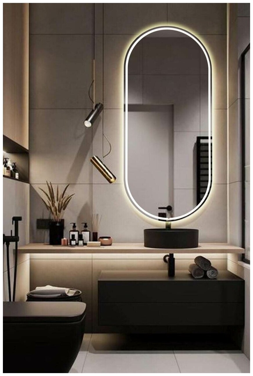 Зеркало настенное с подсветкой парящее овальное капсульное 100*45 см для ванной тёплый свет 3000 К сенсорное управление