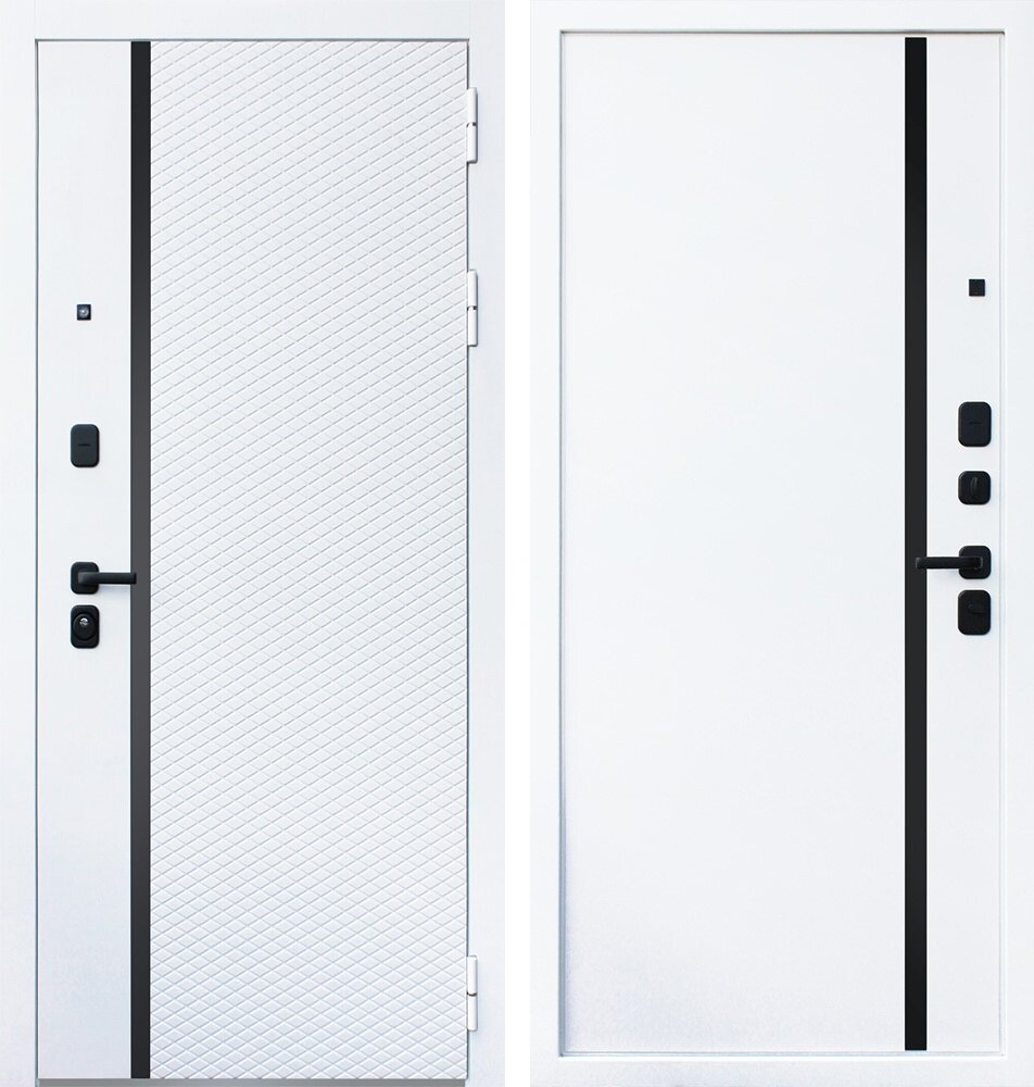 Входная металлическая белая дверь АСД Ливерпуль, молдинг черный лакобель (стекло) 880 мм левая