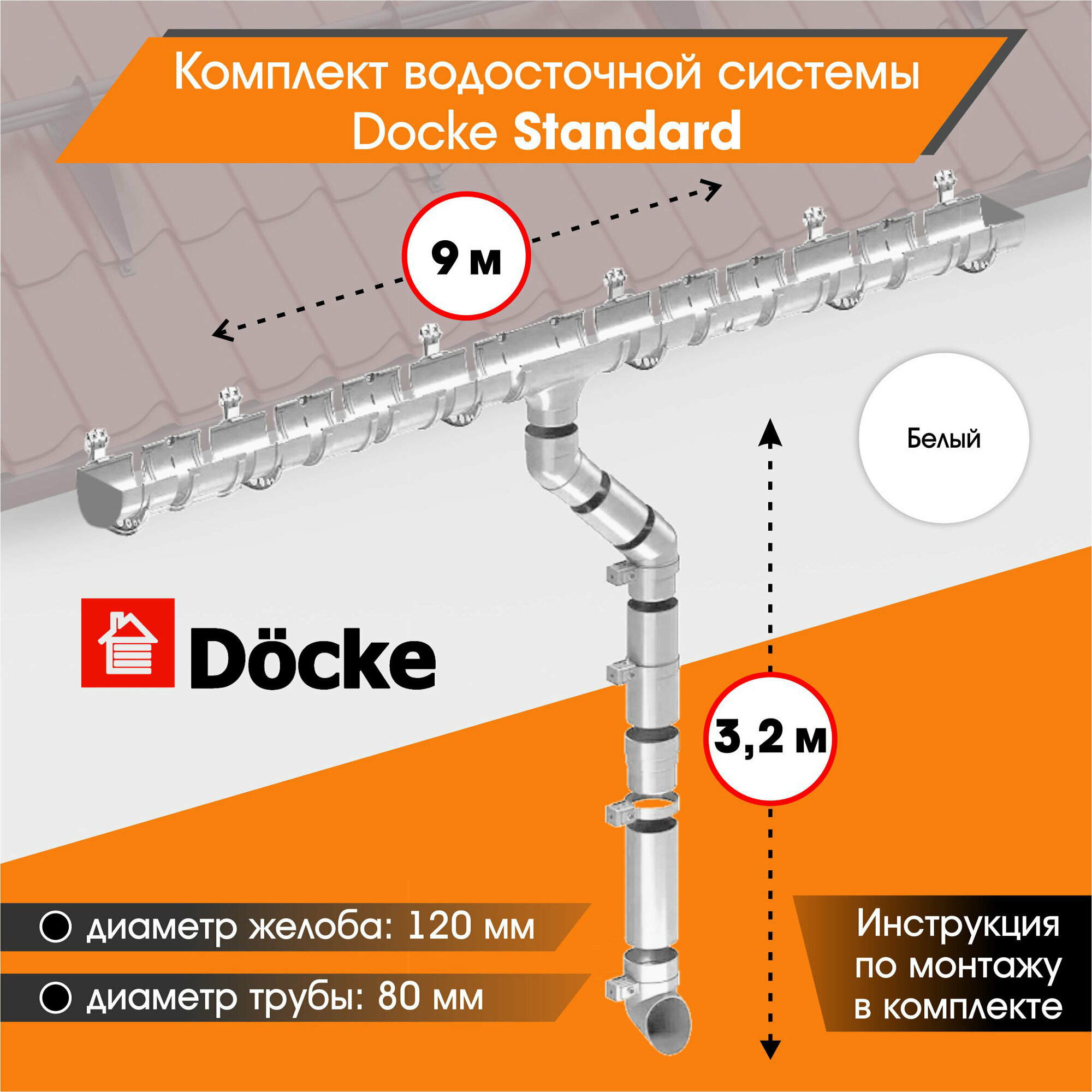 Комплект водосточной системы Docke Standard для ската 9м, Белый