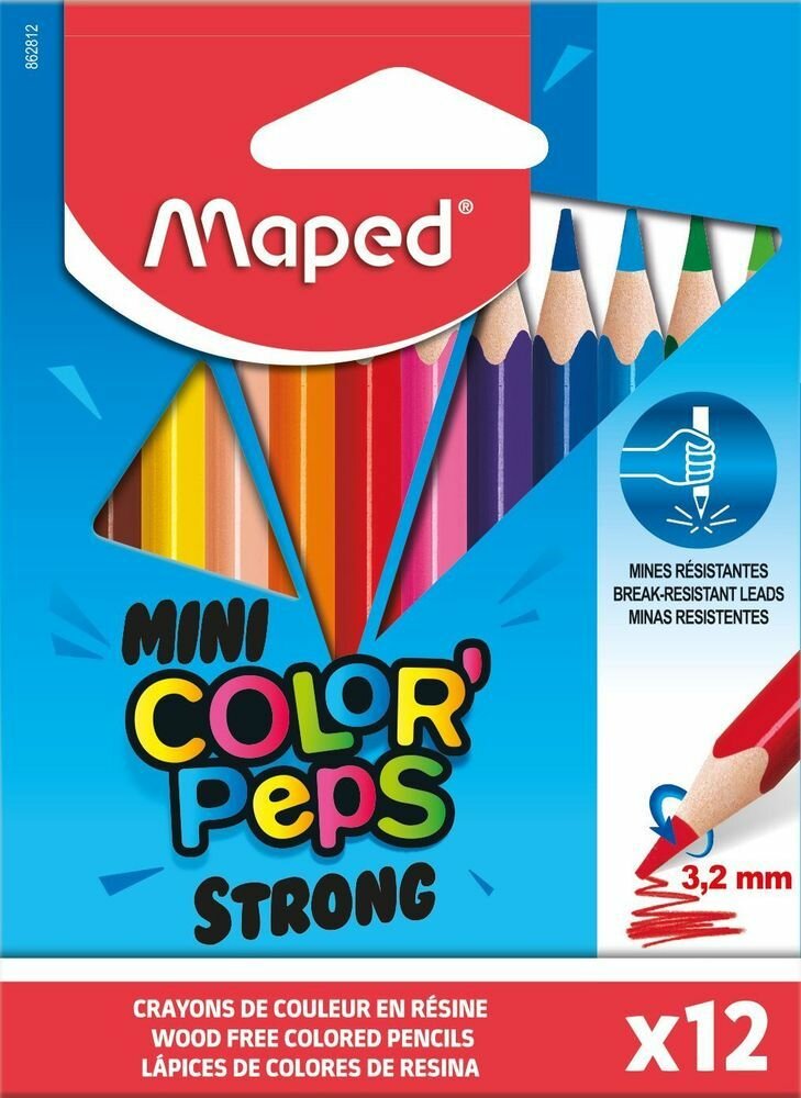 Цветные карандаши повышенной прочности, MAPED COLOR'PEPS MINI STRONG, мини, пластиковые, 12 цветов, в картонной коробке с подвесом