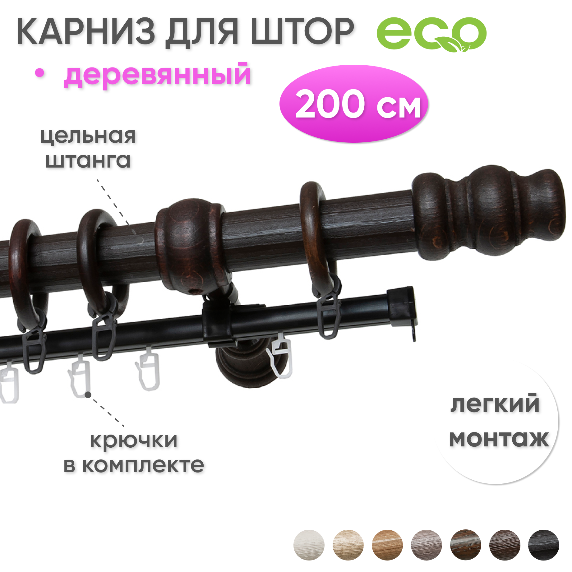 Карниз для штор и гардин двухрядный настенный деревянный Венге 200 см