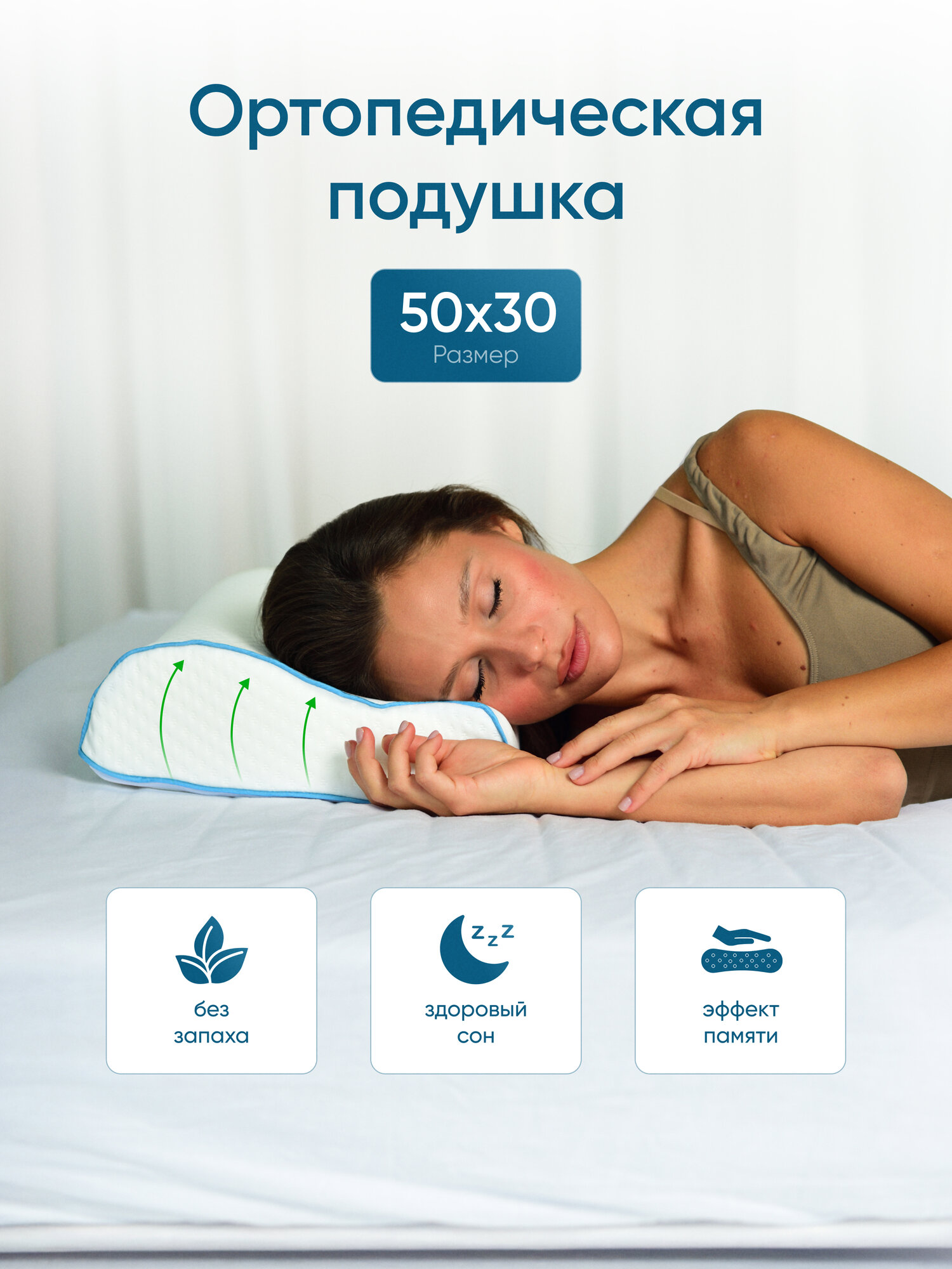 Ортопедическая подушка для сна с эффектом памяти Memory foam "Путь комфорта" 50х30х11/8см с двумя валиками — фото 1