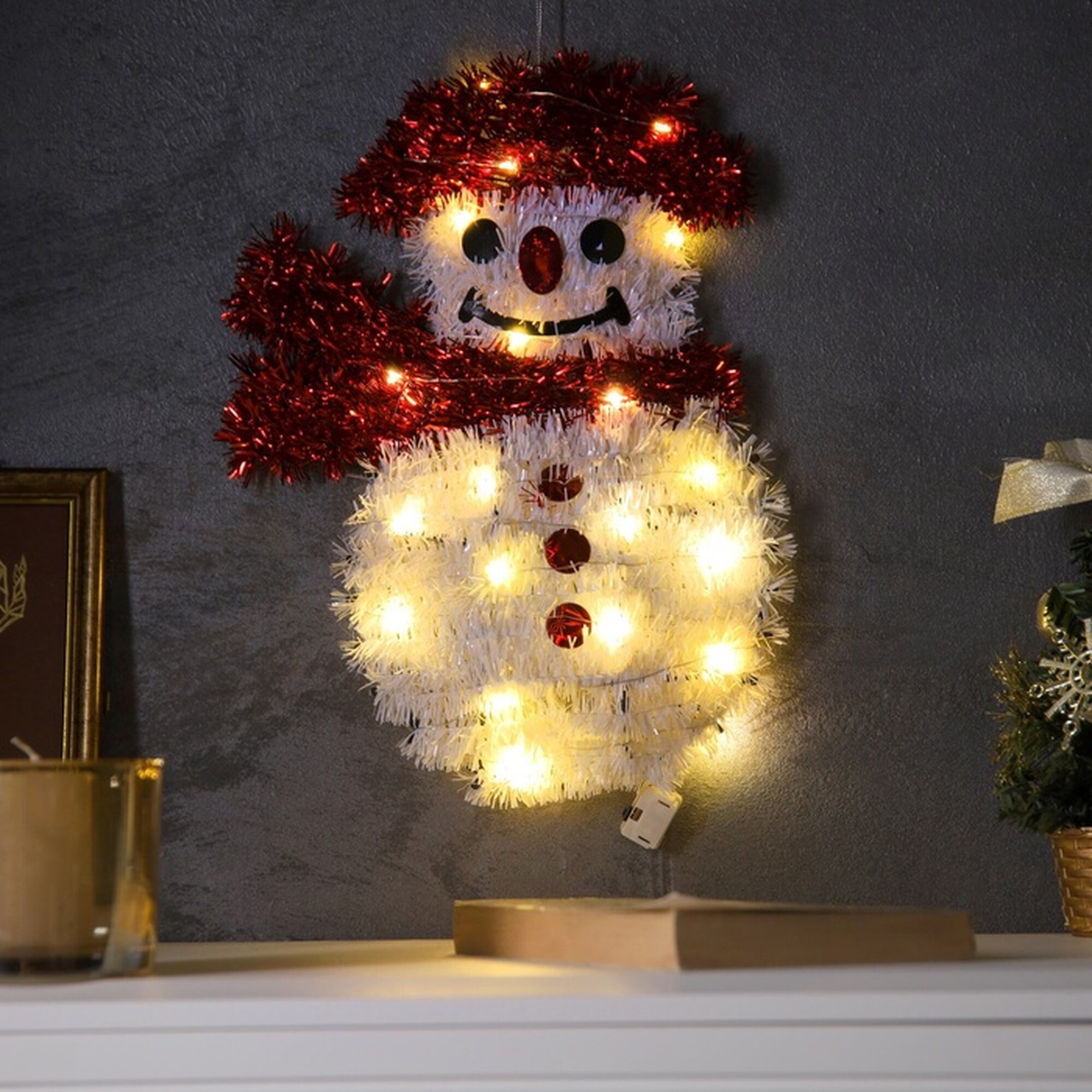 Светодиодная фигура из мишуры «Снеговик» 32 × 22 см 20 LED батарейки AG10х3 (в комплекте) свечение тёплое белое