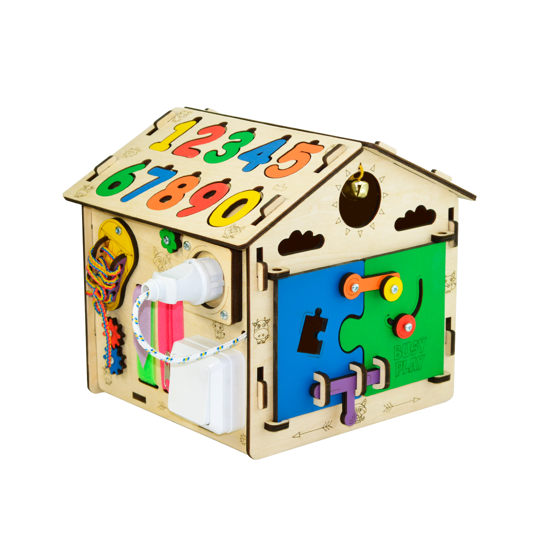 Бизиборд BUSYPLAY "Домик", развивающий, с цифрами, на липучках, дерево, 25x25x25см