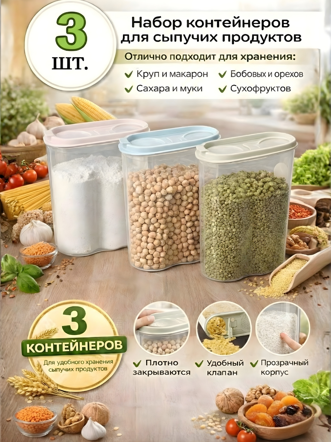 Контейнер, емкость для хранения сыпучих продуктов, набор пластиковых контейнеров