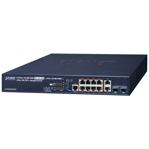 Коммутатор PLANET GS-5220-8UP2T2X (L3 8-Port 10/100/1000T 75W 802.3bt PoE + 2-Port 10/100/1000T + 2-Port 10G SFP+ Managed Switch (240W PoE Budget, ERPS Ring, ONVIF, Cybersecurity features, Hardware Layer3 OSPFv2 and IPv4/IPv6 Static Routing)) ipv4 ipv6 managed 8 port 10 100 1000mbps 2 port 100 1000x sfp gigabit desktop ethernet switch poe pd external pwr