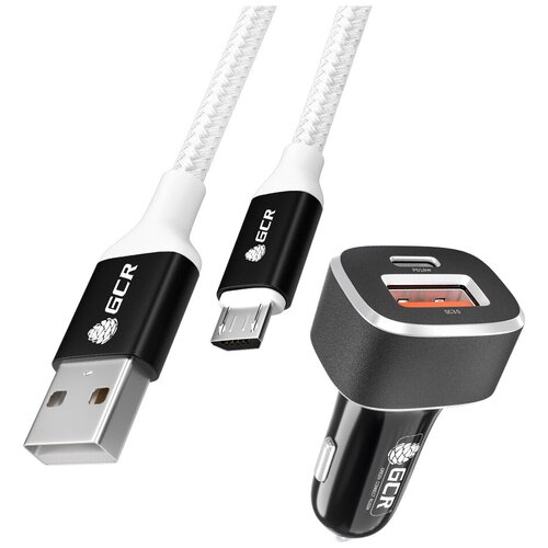 GCR Комплект автомобильное зарядное устройство на 2 USB порта QC3.0 + PD18W [TypeA + TypeC] + кабель 1.0m MicroUSB, белый нейлон