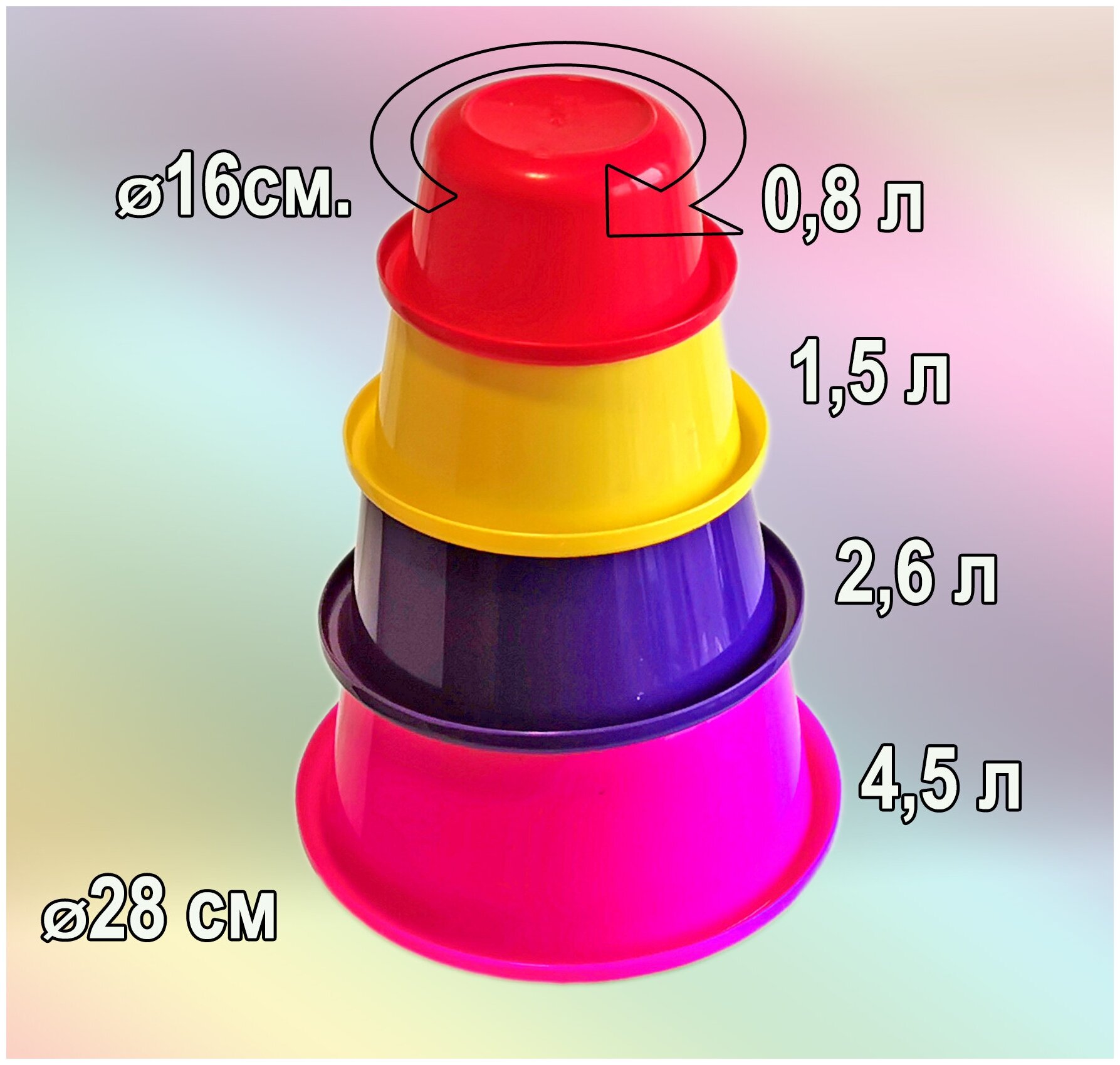 Набор из прочных глубоких мисок-тазов 4 шт. 4,5л-0,8л. цветные