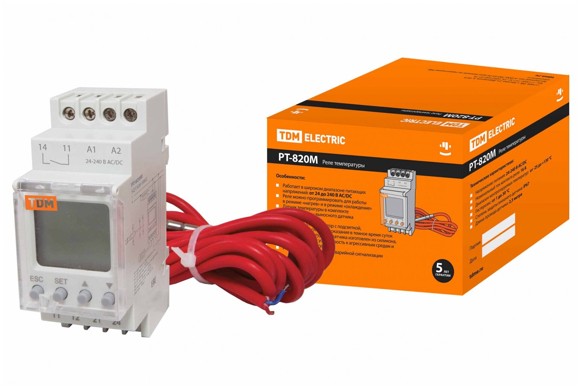 Реле температуры РТ-820M (-25+130C, 24-240В АС/DC, с датч. IP67, ЖК), TDM SQ1508-0002 (1 шт.)