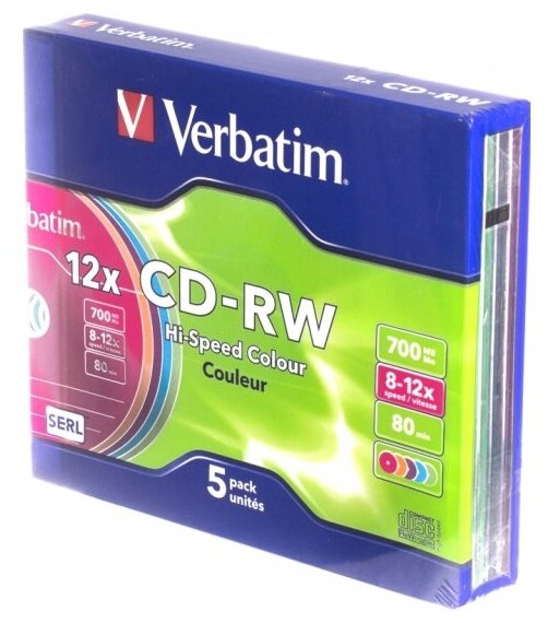 Диск Verbatim 43167 CD-RW 80 8-12x SL/5 Color