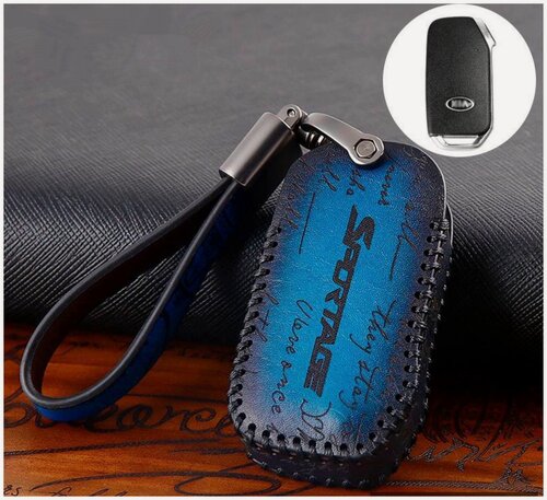 Изображение товара Кожаный защитный чехол с брелком синий/черный для смарт авто ключа автомобиля KIA Sportage киа спортеж из натуральной кожи, футляр ключница