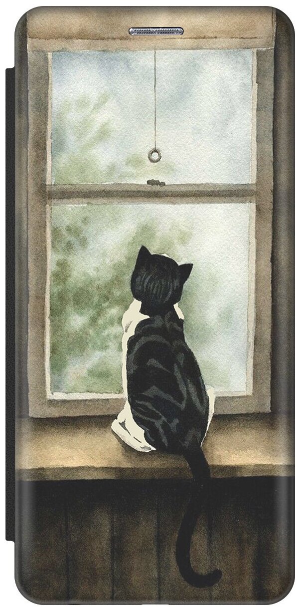 Чехол-книжка на Apple iPhone XR / Эпл Айфон Икс Эр с рисунком "Кот у окна" черный