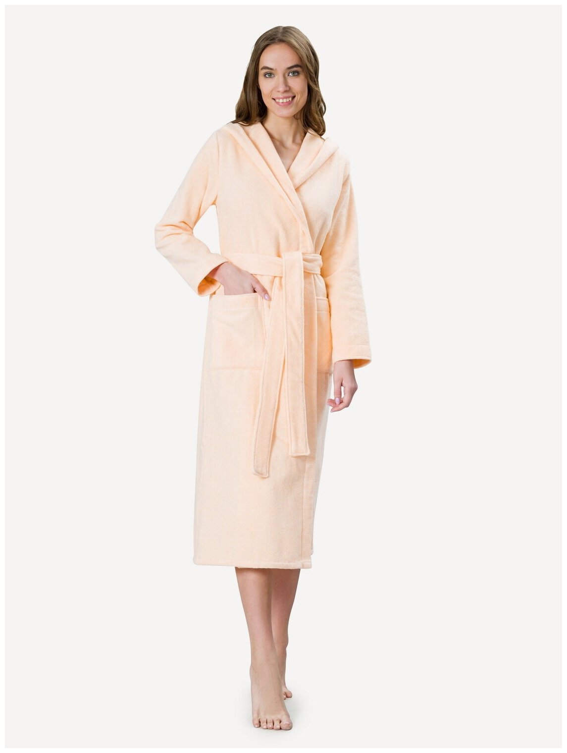 Женский халат с капюшоном, персиковый - фотография № 1