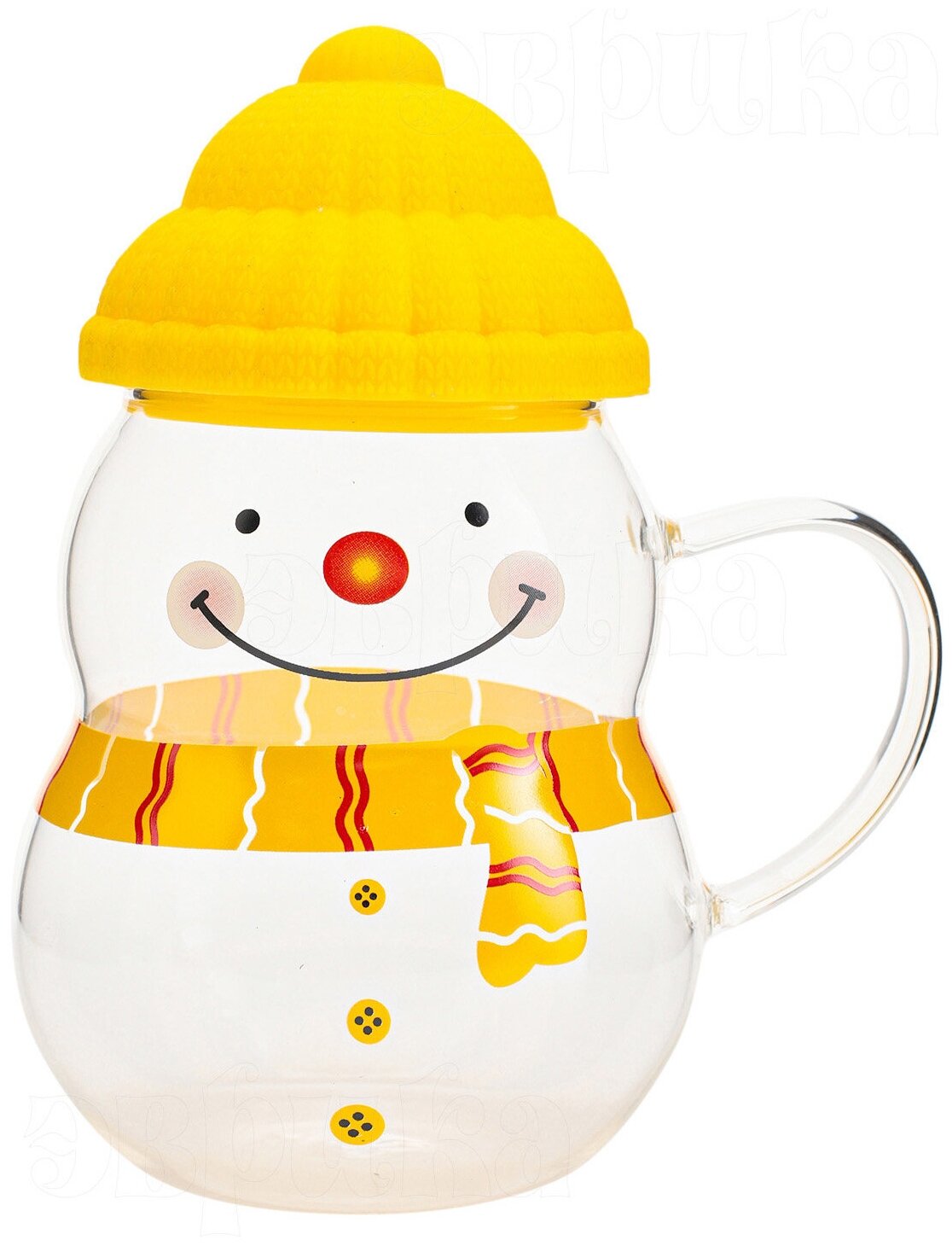 Кружка стеклянная Снеговик желтый 450 мл, кружка с крышкой новогодняя, подарочная, символ года