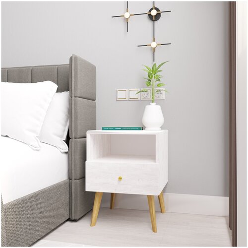 Прикроватная тумба тумбочка с ящиком и нишей из массива белая 35*30*53
