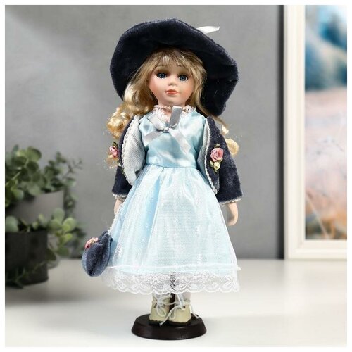 фото Кукла коллекционная керамика "ирина в голубом платье и сером пиджаке" 30 см
