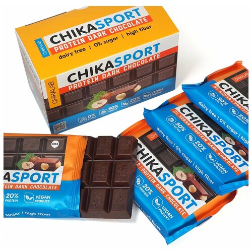 CHIKALAB Протеиновый темный шоколад без сахара с фундуком, 100гр х 4 шт