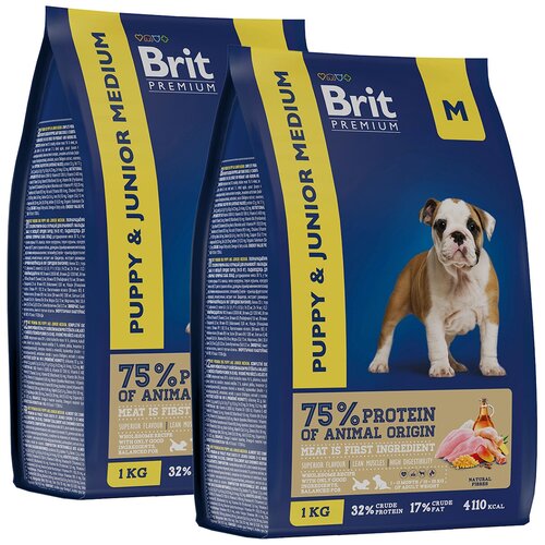 BRIT PREMIUM DOG PUPPY & JUNIOR MEDIUM для щенков и молодых собак средних пород с курицей (1 + 1 кг) brit premium dog puppy