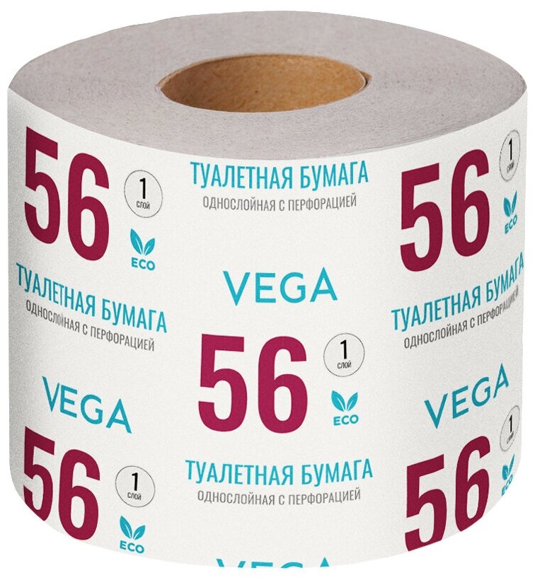 Бумага туалетная Vega, 1-слойная, 56м/рул, на втулке, с перф, серая, 48 шт.