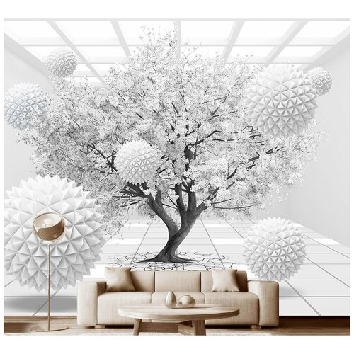 Фотообои на стену флизелиновые 3D Модный Дом Белое дерево и летающие шары 350x300 см (ШxВ)