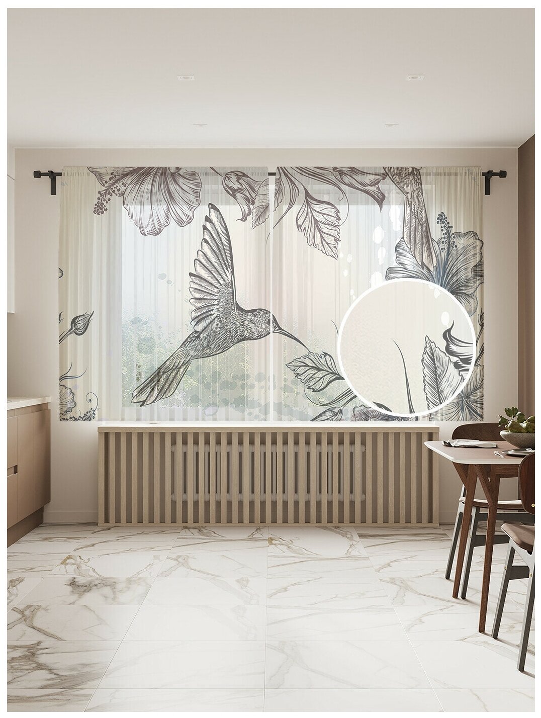Тюль для кухни и спальни JoyArty "Райский сад для колибри", 2 полотна со шторной лентой шириной по 145 см, высота 180 см.