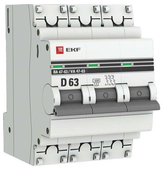фото Выключатель автоматический модульный 3п D 63А 4.5кА ВА 47-63 PROxima EKF mcb4763-3-63D-pro