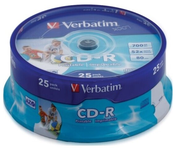 Диск Verbatim CD-R 700Mb 52x Cake Box (25шт) Printable (43439)
