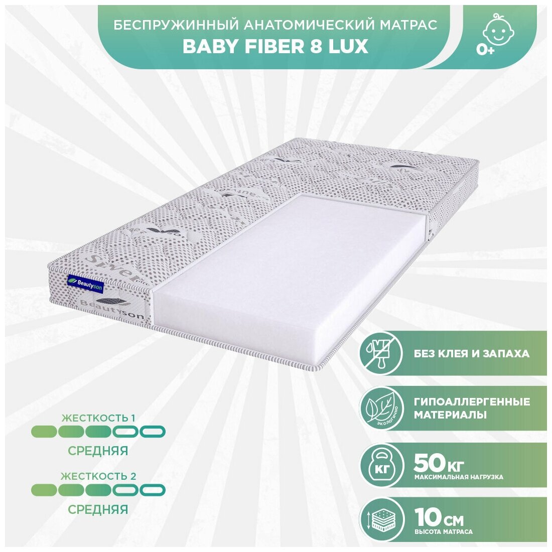 Матрас детский беспружинный Beautyson Baby Fiber 8 LUX 80x165 (Белый), без клея и запаха